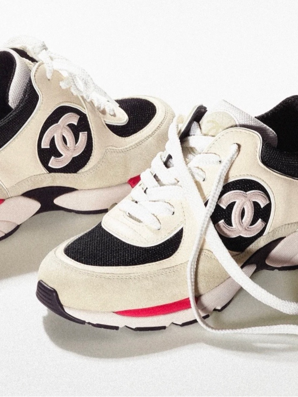 CHANEL Cream, Black and Red Suede-Trim Logo Runner Sneakers
